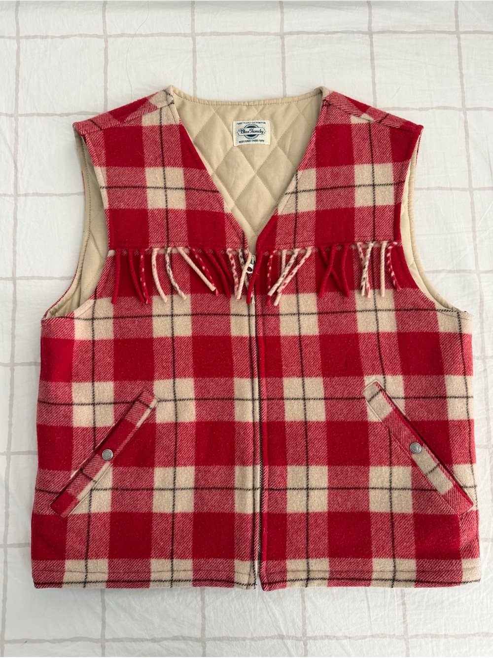 United Colors Of Benetton Blue Family Red Cream Plaid Fringe Wool Zipper Vest